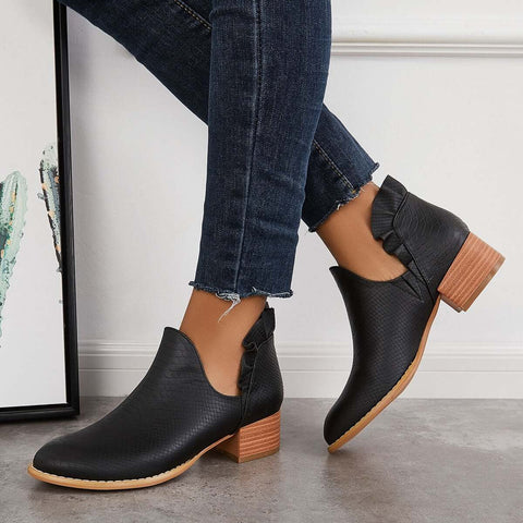 V-Cut Ruffle Ankle Boots Slip on Chunky Stacked Heel Booties