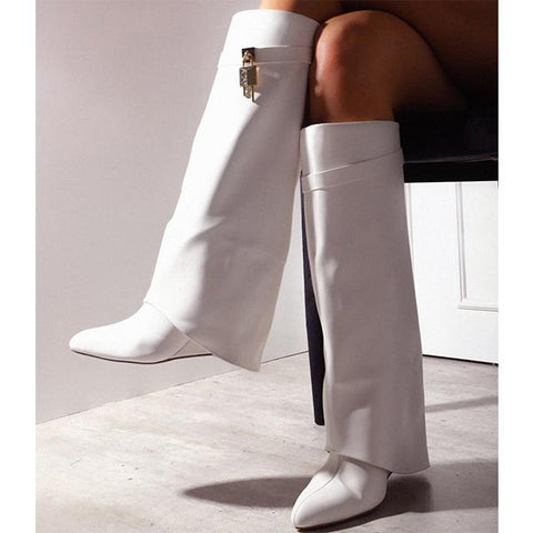 Women Pointed Toe Fold Over Wedge Heel Knee High Boots