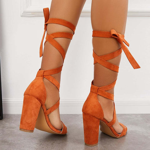 Lace Up High Heeled Sandals Chunky Block Ankle Tie Strap Heels
