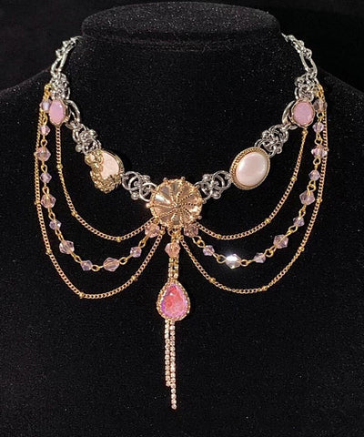 Modern Pink Alloy Gem Stone Multi-Layer Tassel Pendant Necklace