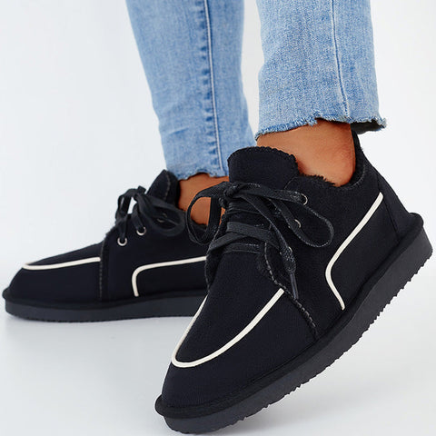Flache Schneestiefel mit Schnürung, warme Loafer-Schuhe mit Kunstfellfutter