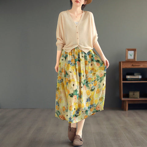 Summer Casual Retro Floral Print Linen Skirt