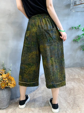 Women Summer Retro Flower Print Spliced Pocket Loose Pants