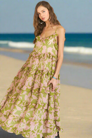Ruffled Tiered Romantic Resort Cami Beach Maxi Dress