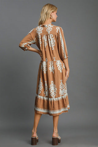 Full Size Printed Notched Midi Resort Dress