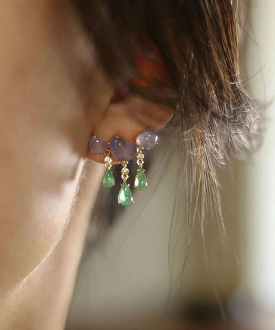 Chinese Style Green Sterling Silver Overgild Jade Tassel Drop Earrings