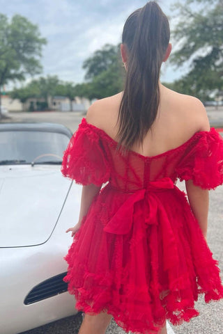 Unique A Line Off the Shoulder Fuchsia Tulle Corset Homecoming Dress
