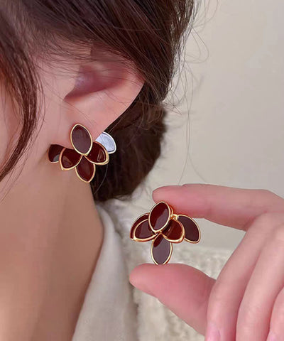 DIY Beige Copper Overgild Zircon Leaf Stud Earrings