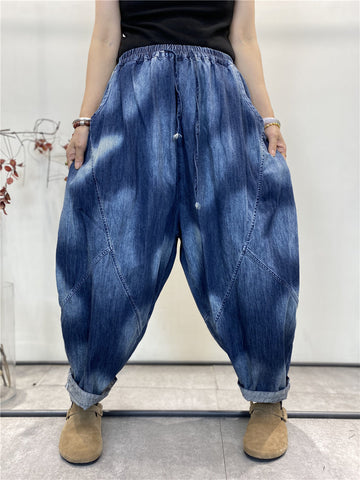 Women Summer Vintage Tie-dye Spliced Denim Harem Pants