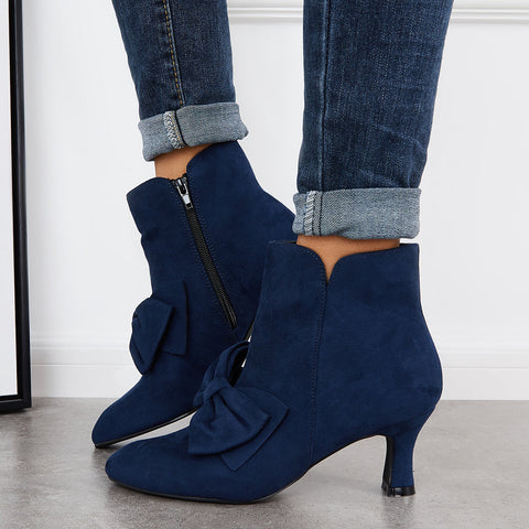 Bowknot Kittten Heel Ankle Boots Side Zipper Dress Short Booties