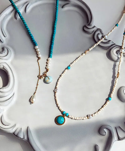 Boho Blue Turquoise With Fine Pearl Gratuated Bead Necklace