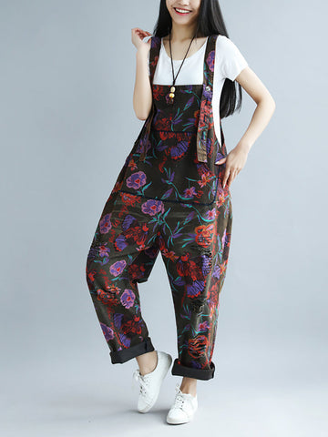 Women Retro Flower Button Spliced Loose Jumpsuits