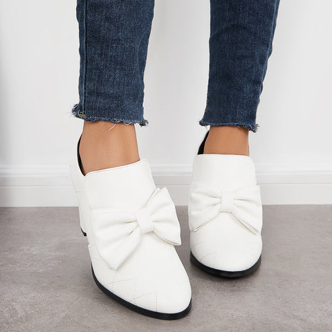 Bowknot Pointed Toe Chunky High Heel Pumps Slip on Dress Shoes