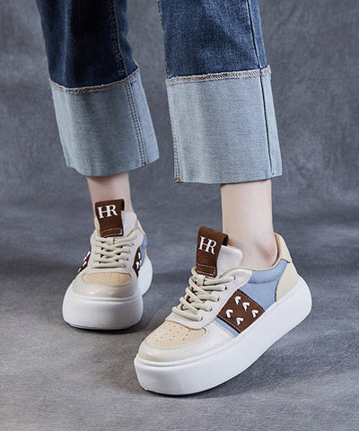 Beige Flache Schuhe Plattform Rindsleder Leder Casual Lace Up