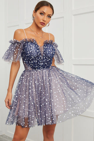 Schulterfreies Cocktailkleid mit Polka Dots