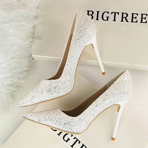 2024 summer new European style women's shoes high heels shallow mouth pointy glitter sexy slim nightclub high heels single shoes