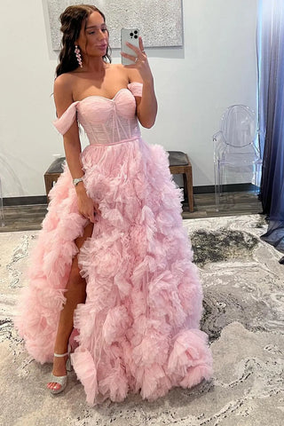 A Line Off the Shoulder Blue Corset Prom Dress with Ruffles