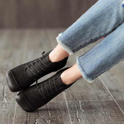 Round Toe Leather Casual Women Shoes