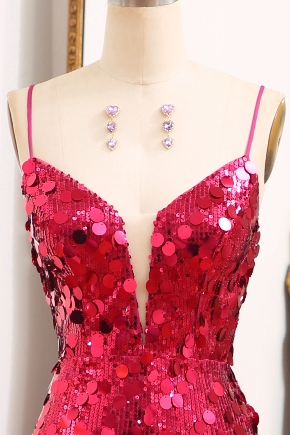 Sparkly Mermaid Spaghetti Straps Fuchsia Sequins Long Prom Dress with Split Front