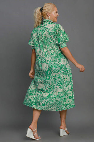 Full Size Cuff Puff Sleeve Midi Resort Dress