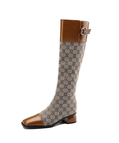 Style Brown Splicing Zippered Chunky Long Boots