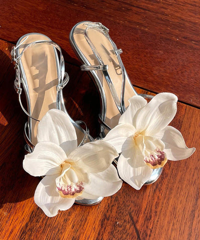 2025 New Silver Flower Open Toed Buckle High Heeled Sandals
