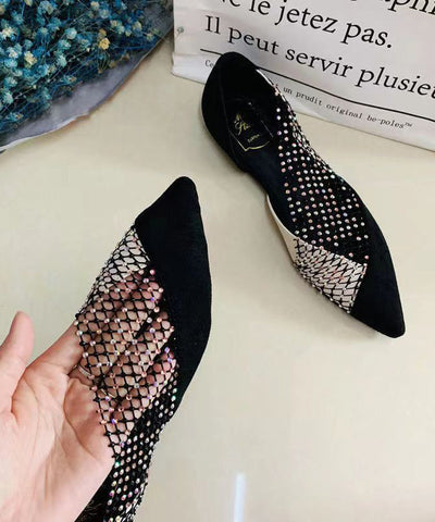 Schwarze Wildleder Plattfüße Schuhe Spleißen Tüll Zirkon
