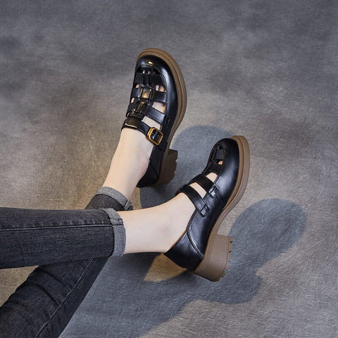Women Summer Retro Plaited Leather Chunky Heel Sandals