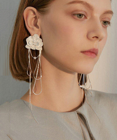 Elegant White Flower Tasseled Metal Drop Earrings
