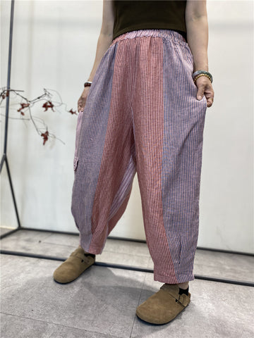 Women Summer Casual Stripe Pocket Cotton Harem Pants
