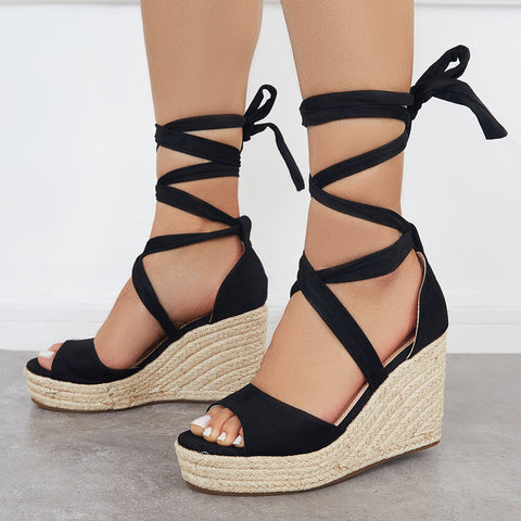 Summer Lace Up Espadrille Heel Platform Wedge Sandals