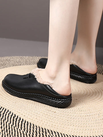 Women Winter Vintage Fleeced Leather Flat Shoes