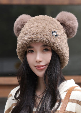 Boutique Khaki Bonnet-Mütze aus warmem Fleece und gestrickter Baumwolle mit Ohrenschutz