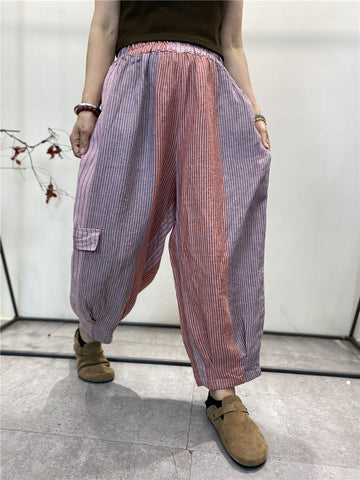 Women Summer Casual Stripe Pocket Cotton Harem Pants