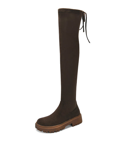 Style Platform Knee Boots Brown Suede