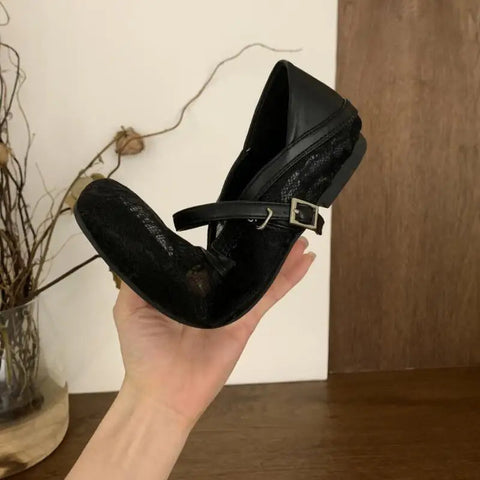 Mary Jane Flats Schuhe Damen Sommerschuhe mit quadratischer Zehenpartie und flachem Netzstoff, Schnallenriemen, Ballettschuhe, bequeme Mokassins