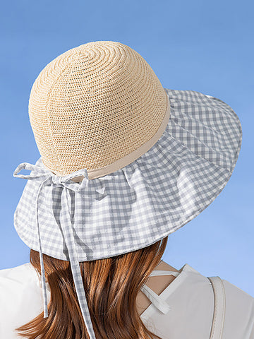 Summer Casual Straw Spliced Plaid Drawstring Hat