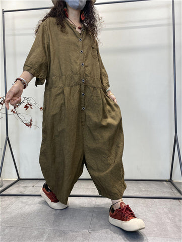 Women Summer Retro Solid Button Pocket Loose Jumpsuits