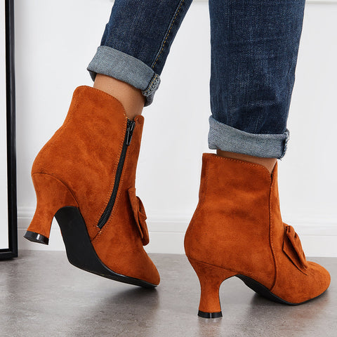 Bowknot Kittten Heel Ankle Boots Side Zipper Dress Short Booties