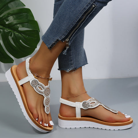 White Platform Wedge Heel Flip Flops Elastic Ankle Straps Sandals