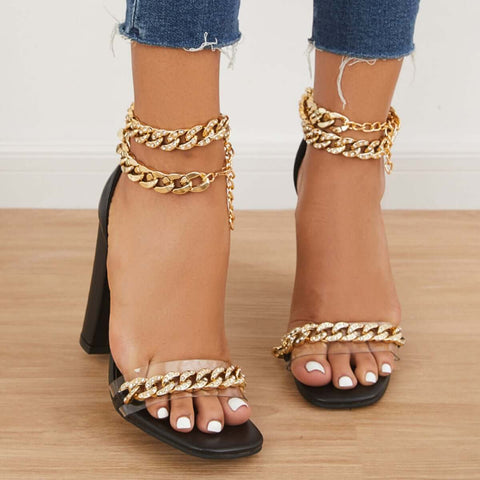 Chunky Block High Heels Double Rhinestone Ankle Chain Strap Sandals