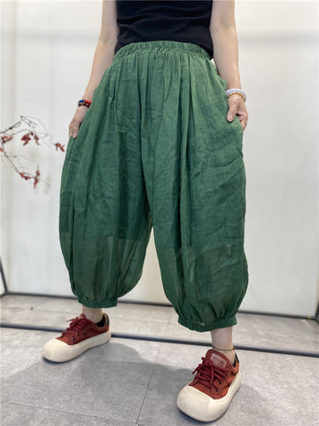 Women Summer Solid Thin Loose Pocket Pleat Cotton Pants