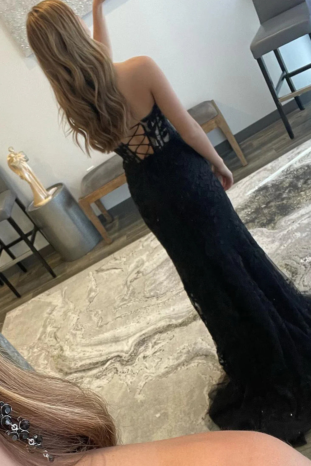 Black Corset Sweetheart Long Lace Prom Dress with Slit
