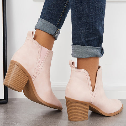 Cutout Western Ankle Cowboy Boots Chunky Stacked Heel Booties