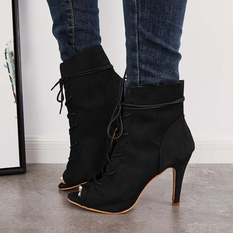 Peep Toe Stiletto High Heel Ankle Boots Lace Up Booties
