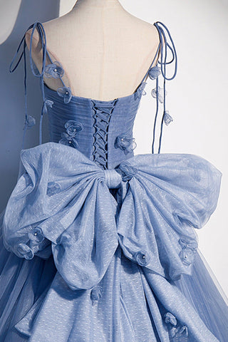 Tulle Long A-Line Prom Dress Blue Spaghetti Straps Party Dress with Bow