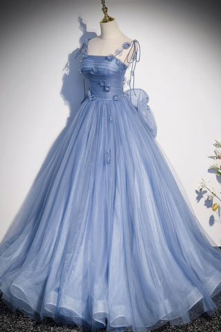 Tulle Long A-Line Prom Dress Blue Spaghetti Straps Party Dress with Bow