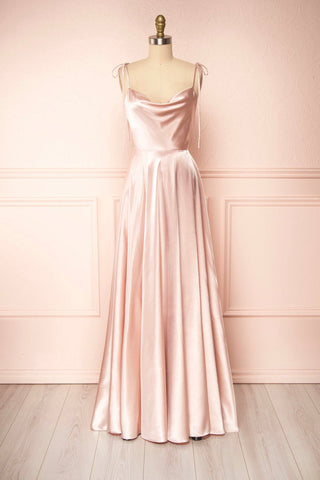 Schlichtes langes A-Linien-Ballkleid aus Satin mit Spaghettiträgern