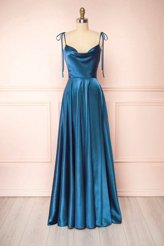 Schlichtes langes A-Linien-Ballkleid aus Satin mit Spaghettiträgern