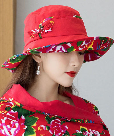 Schlapphut aus Leinen mit rotem Print im Vintage-Stil